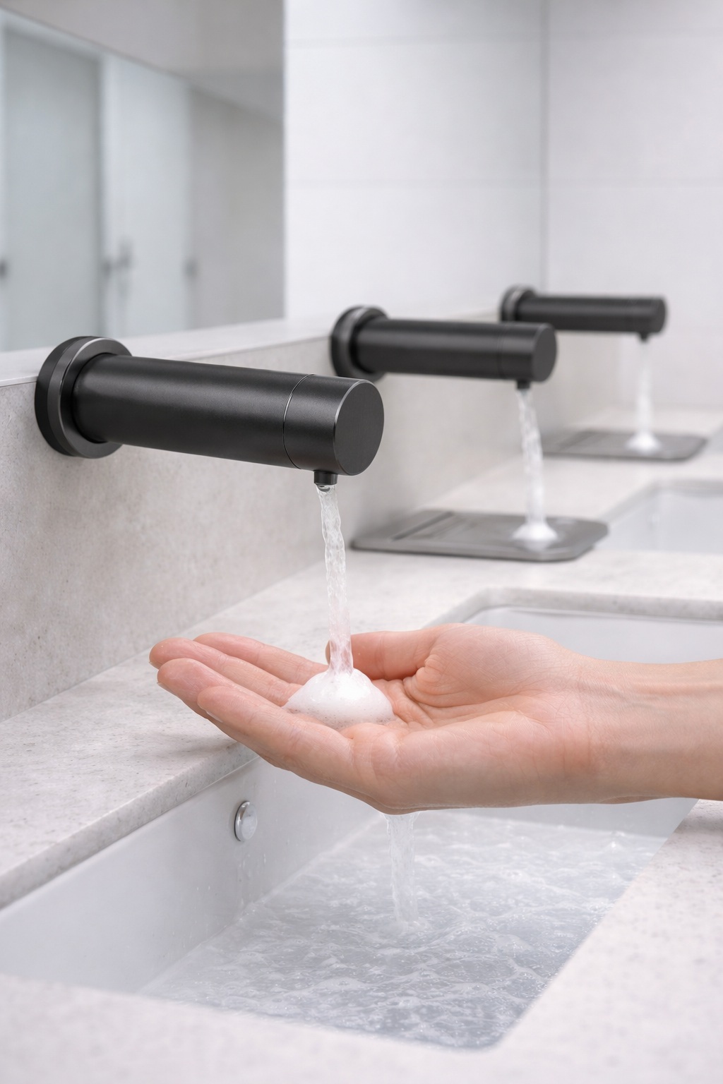 Automatic soap dispenser coordination and drip control reference for commercial restrooms